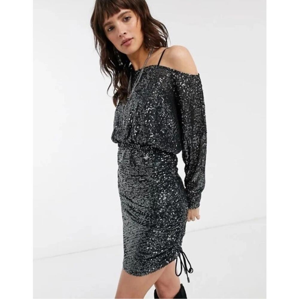 Free People Black Sequin Off-Shoulder Midi Dress with Strap Detail